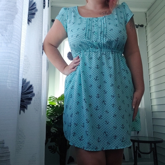 Xhilaration • Summer Pastel Aqua Light Blue Nautical Anchor Print Dress XL - Picture 1 of 3
